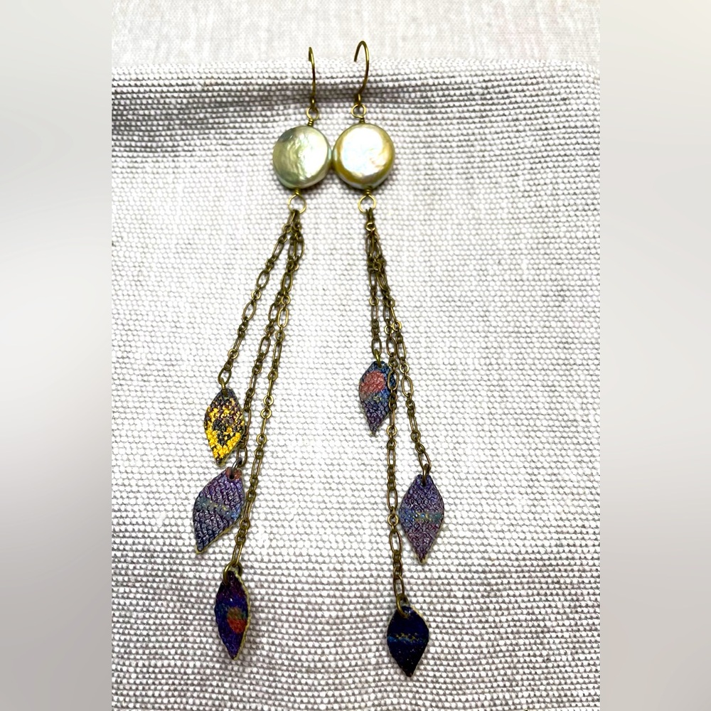 5” Long Mother of Pearl and Leather Dangle Hook Earrings | Handmade